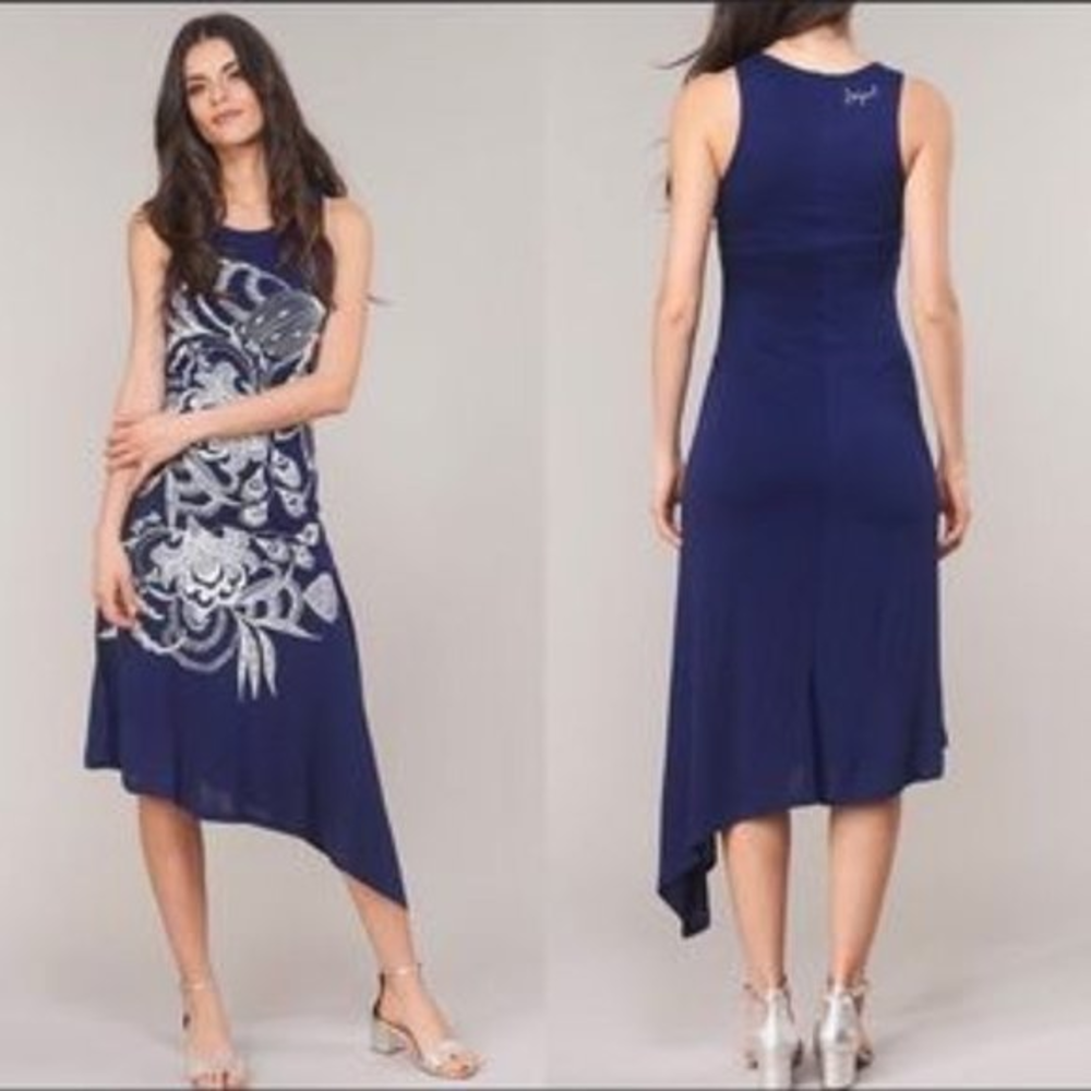 Desigual Blue Vest Wakiut‎ Asymmetrical Floral Sleeveless High Low Dress